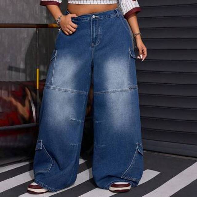 Plus size kvinnor Casual lösa jeans med vida ben - Blå (0XL,1XL,2XL,3XL,4XL)