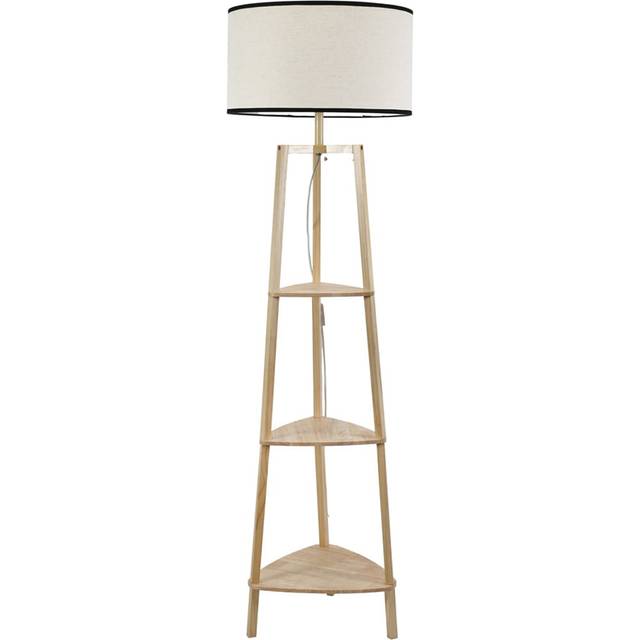 ValueLights Hiru 3 Shelf Black Edge Drum Shade Wooden LED Floor Lamp - Cream