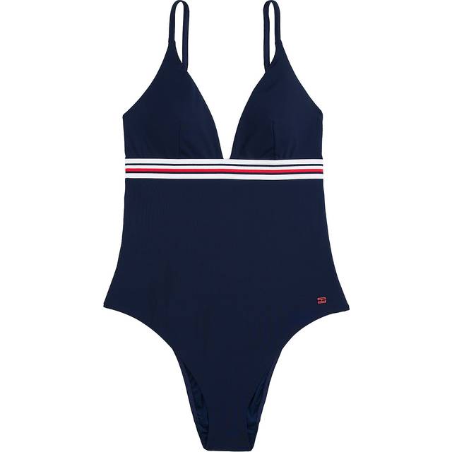 Tommy Hilfiger, Badkläder, Dam, XL, Nylon, Randig djup V-ringad baddräkt - blue (XL)