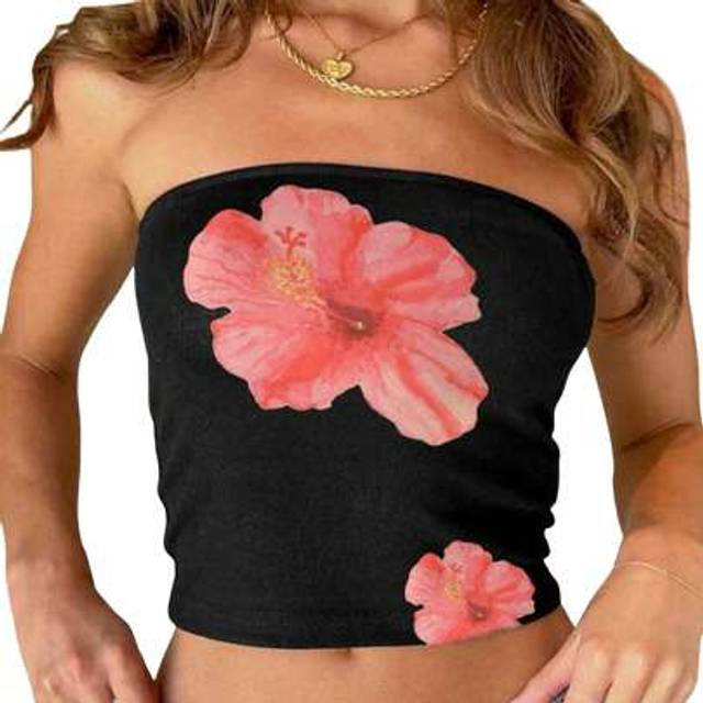 SHEIN Women&#39;s Tube Tops Floral Print Boat Neck Slim Fit Backless Strapless Sleeveless Summer Tank Tops