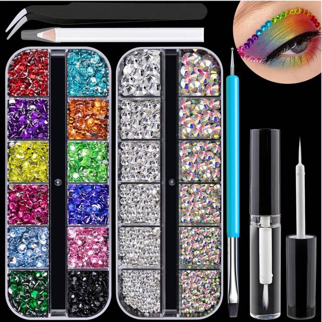 Colorful Face Gems Kit with Makeup Glue  2.4-6mm AB&Clear Glass Round Flatback Crystal + 2-5mm Resin Rhinestones for Eye Hair Makeup Body Art Manicure