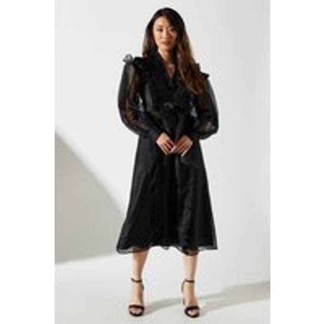 Organza Frill Trim Midi Dress - Black - 10