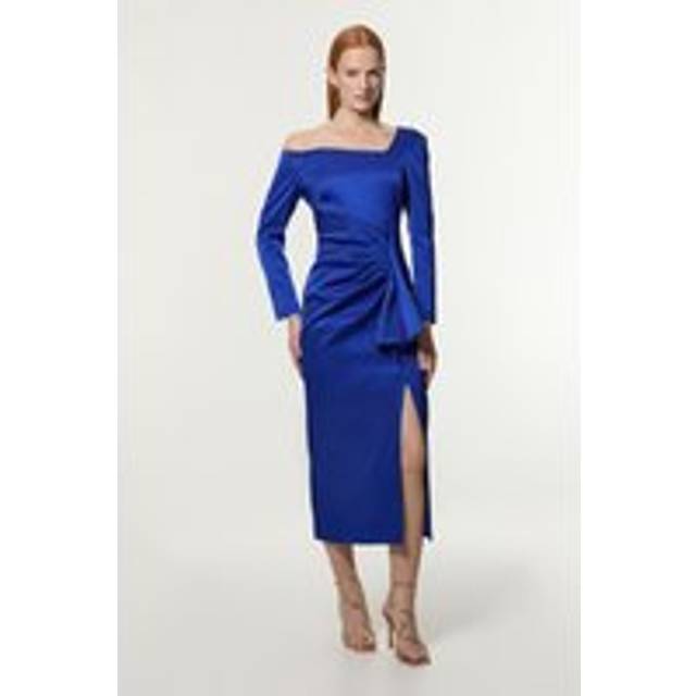 Petite Italian Structured Rib Asymmetric Neckline Draped Tailored Maxi Dress - Blue