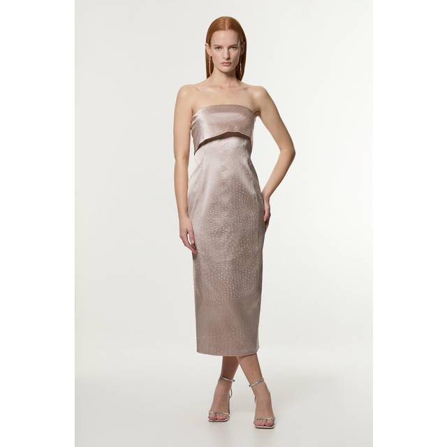 Italian Structured Textured Satin Bandeau Tailored Maxi Dress - Pink
