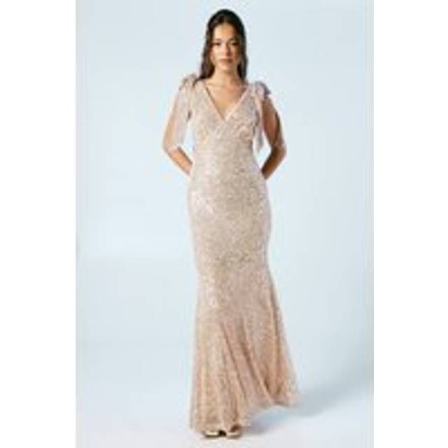 Sequin Tie Shoulder Bridesmaids Maxi Dress - Pink - 10