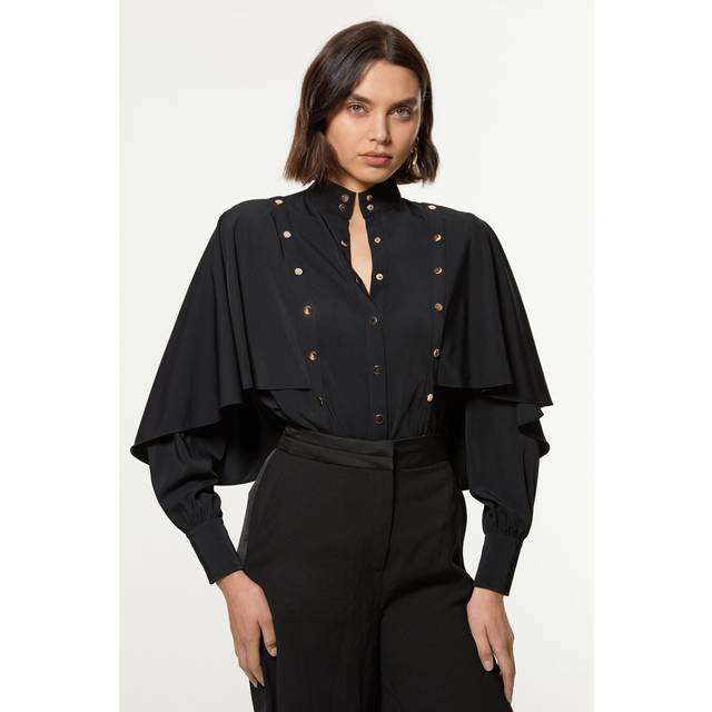 Studded Crepe Cape Sleeve Woven Blouse - Black