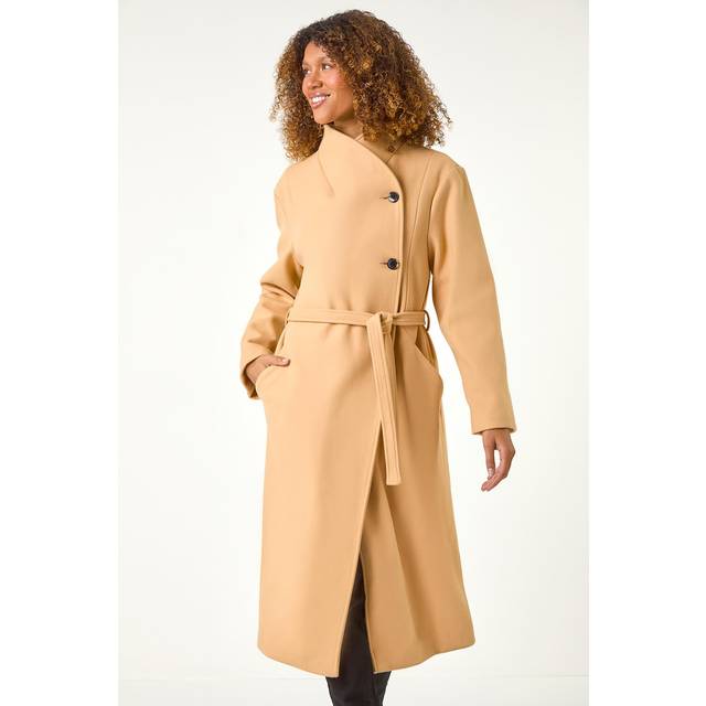 Asymmetric Double Breasted Tie Waist Coat - Tan - 12