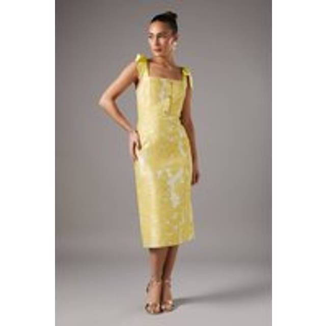 Jacquard Tie Shoulder Button Through Pencil Midi Dress - Yellow - 18