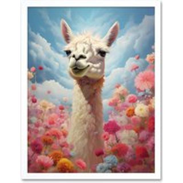 Wall Art Print Happy Llama Peeking Head Over Pink Flowers Bright Colourful Artwork Kids Bedroom Dreamy Spring Meadow Art Framed - White - W12 inch x H - W12 inch x H16 inch