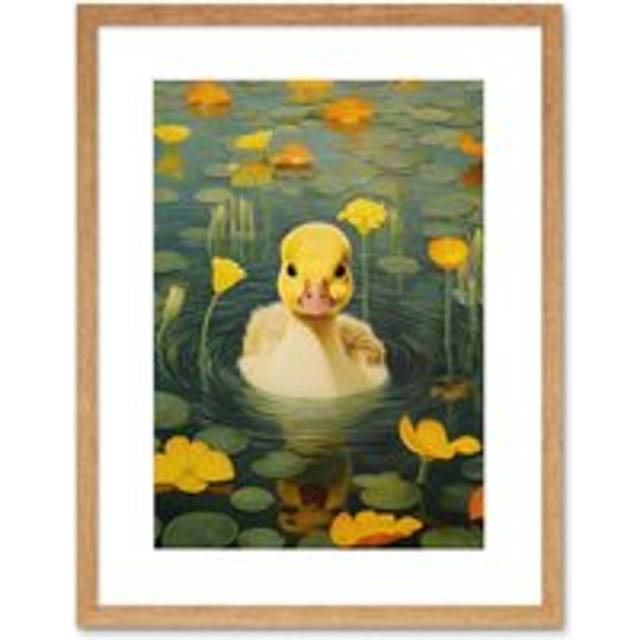 Wall Art Print Whirlpool Duckling Lily Pads and Flowers Kids Bedroom Nursery Artwork Framed 9X7 Inch - Beige - W7 inch x H9 inch