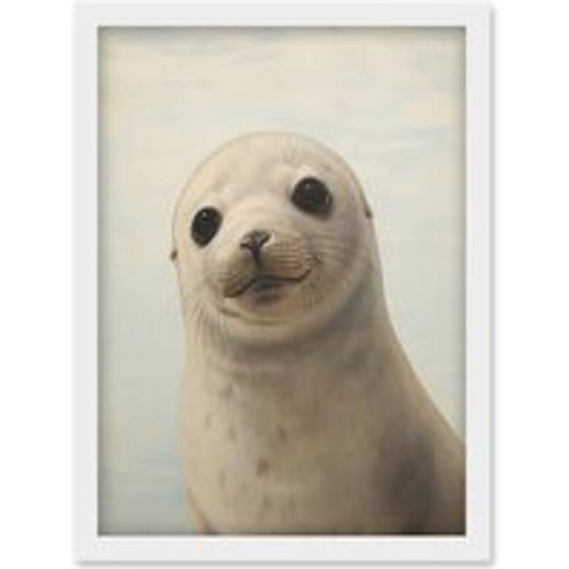 Wall Art Print Adorable Baby Seal Pup Portrait Oil Painting Calming Kids Bedroom Cute Arctic Animal Artwork Framed A4 - White - A4