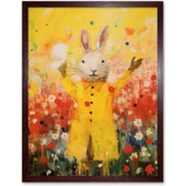 Wall Art Print Rabbit in a Yellow Rain Mac Oil Painting Bright Floral Meadow Kids Bedroom Nursery Art Framed - Brown - W12 inch x H16 inch