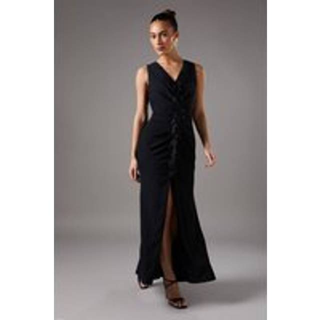 Ruched Petal V Neck Maxi Dress - Black - 8