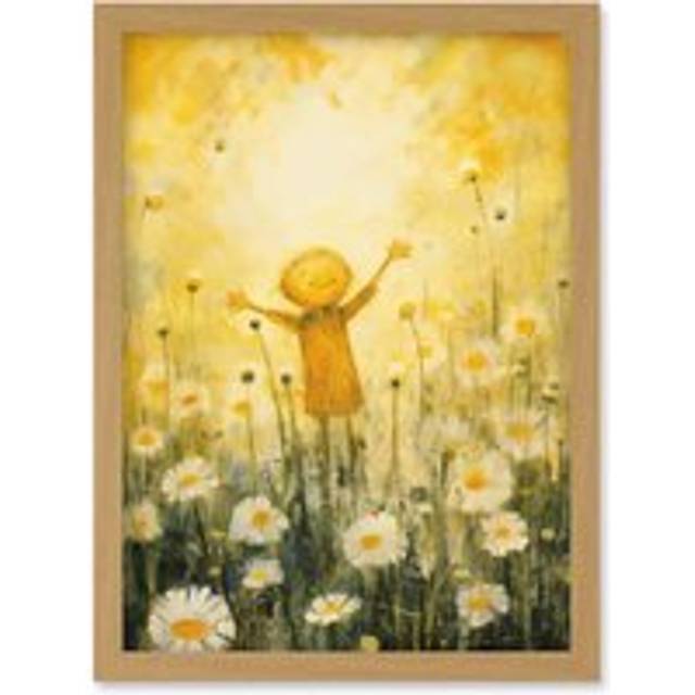 Wall Art Print Sunshine Happiness and Flowers Everywhere Simple Kids Bedroom Nursery Artwork Framed A4 - Tan - A4