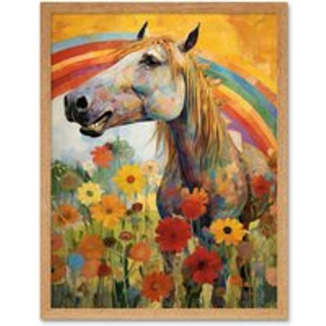 Wall Art Print Girls Bedroom Nursery Artwork Rainbow Horse With Flowers Bright Colourful Happy Art Framed - Tan - W12 inch x H16 inch