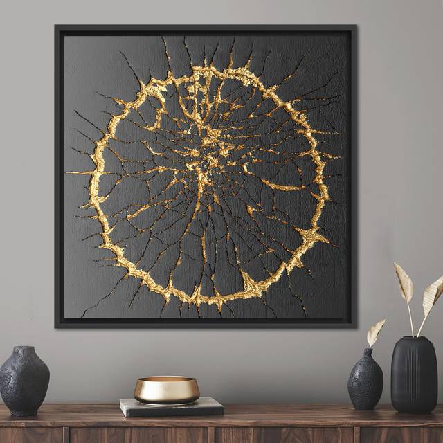 Modern Kintsugi 3D Wall Art - Abstract Luxury Canvas in Trendy Black and Gold Design - Black Floater Framed (70 cm H x 70 cm W)