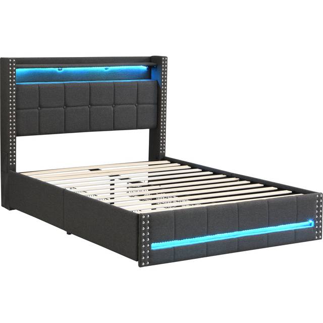4ft6 Upholstered Bed With 4 Storage Drawers, Led And Usb Linen, Beige - Grey (115cm H X 141cm W X 212cm L)