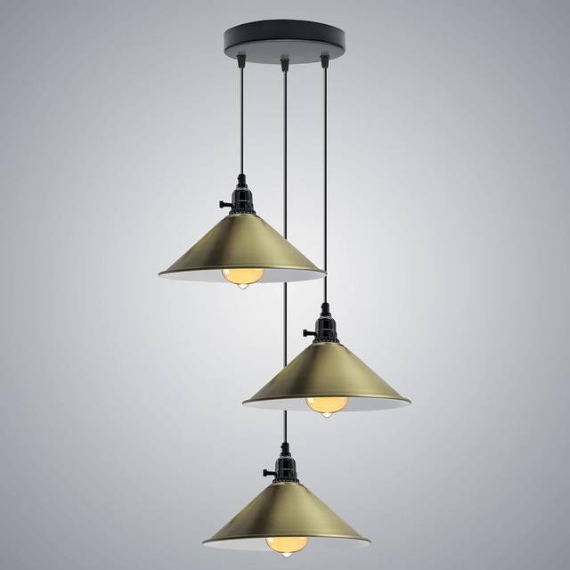 Industrial 3 Head Cluster Ceiling Pendant Light With Adjustable Cord E27 Base Metal Light Fitting Cone Shaped Light Shade Hanging Lamps - Green Brass