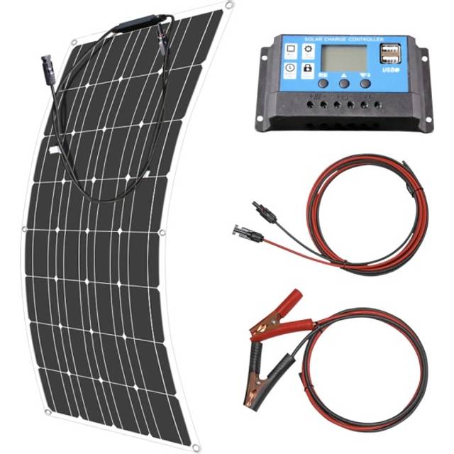 100W Solpanelspaket / Solcellspaket, med solcell, regulator och kablage, monokristallin, flexibel design, expanderbar