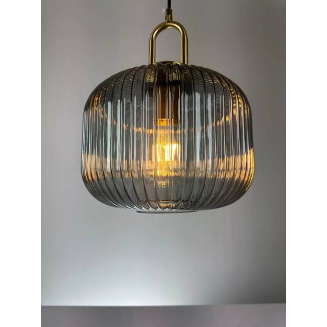 Ribbed Glass Pendant Light-Clear-Drum Lantern - Smokey Grey