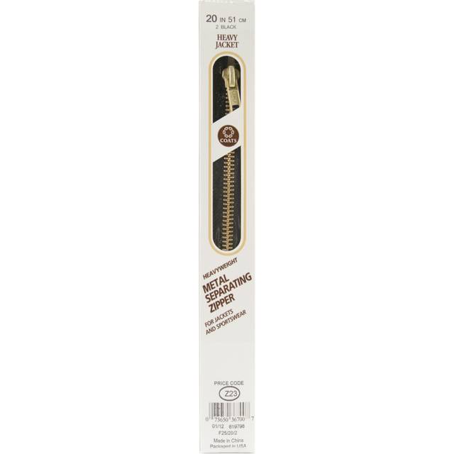 "Coats Heavyweight Brass Separating Metal Zipper 20""-Black F25 20-2"