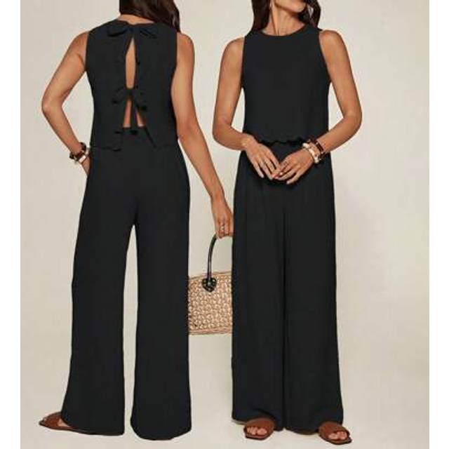 SHEIN Retro Vacation Women&#39;s Two Pieces Set With Hollowed-Out Bow Design Top + Wide-Leg Trousers, Comfortable And Casual Vacation Wear
