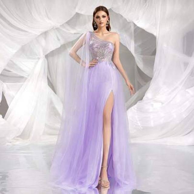 SHEIN Romantica Elegant Sequins Embroidery Tulle Evening Gown, Slanted Shoulder Flare Sleeve Purple Formal Dress, Tight Bodice Sheer Formal Ball Gown, Weddi