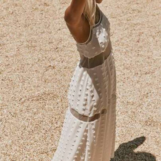 SHEIN Bohemian Textured Pom Pom White Wedding Season Lightweight Dress, Graduation Dress