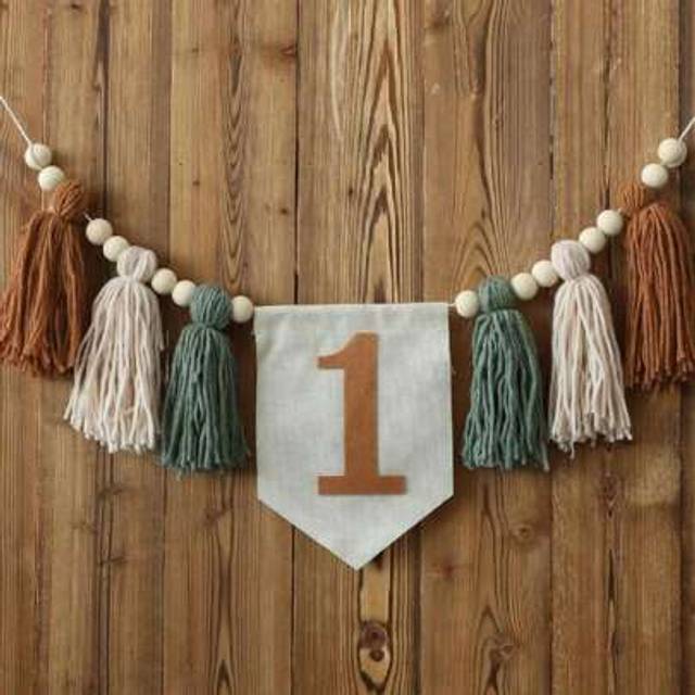 SHEIN 1PC Birthday Highchair Banner With Green And Brown Tassel Garland And Flower Wreath For Birthday Party Decoration And Photography Prop Christmas