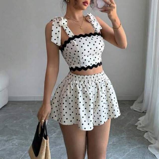 INAWLY Summer New French Elegant Vacation Polka Dot Print Ruffle Hem Bowknot Crop Top + Elastic Waist Loose Culottes 2pcs Set For Women