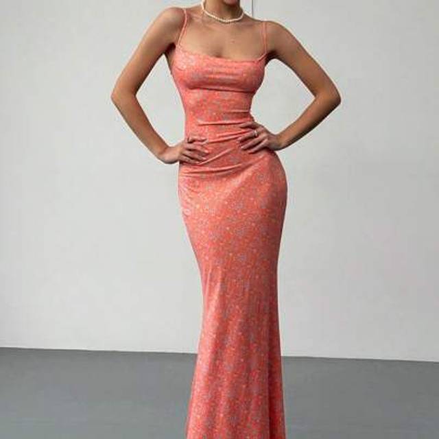 Aloruh Romantic Date Night Women&#39;s Spaghetti Strap Draped Neck Lace-Up Floral Long Dress