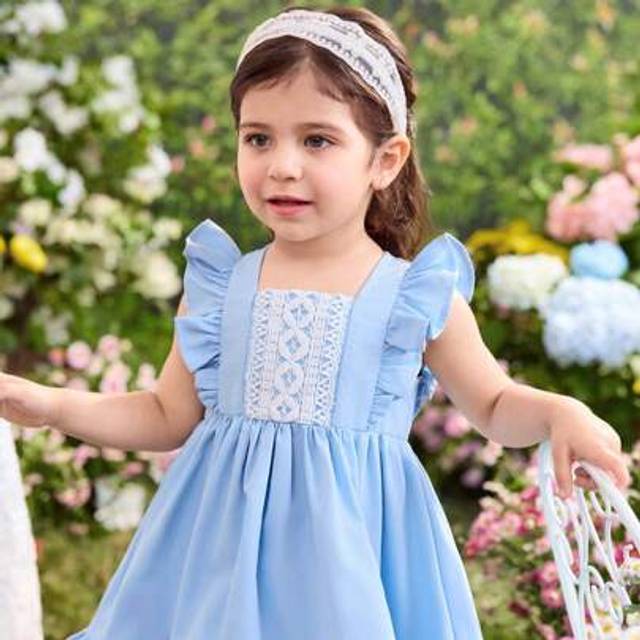SHEIN Baby Girl Solid Color Square Collar Ruffle Hem Fitted Casual Dress