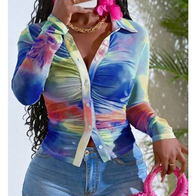 Slaydiva Elegant, Sexy Vacation & Date Cute Floral Print Mesh Puff Sleeve Button-Up Blouse For Women - B, Spring/Summer