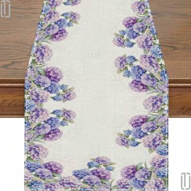 SHEIN 1PC Spring/Summer Purple Hydrangea Butterfly Spring Table Runner, Summer Kitchen Table Decoration
