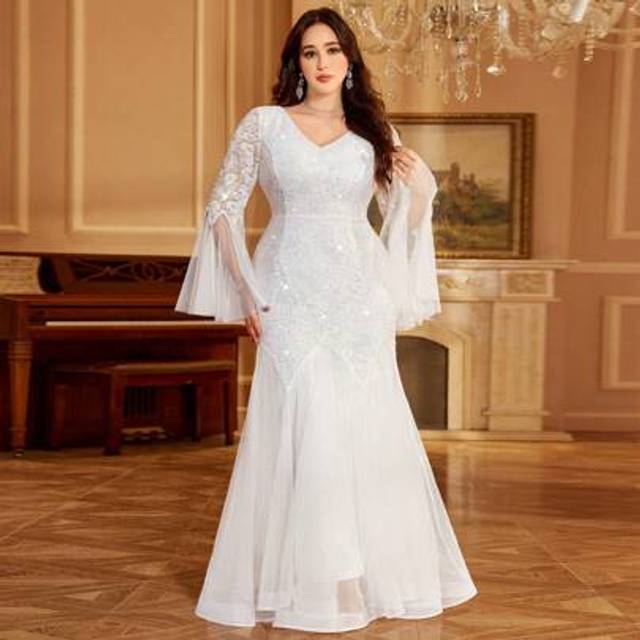 SHEIN Plus V-Neck Floral Lace Sequin Insert Contrast Mesh Long Sleeve Mermaid Hem Evening Party Maxi Dress, White Elegant Wedding Bridal Dress, Bride