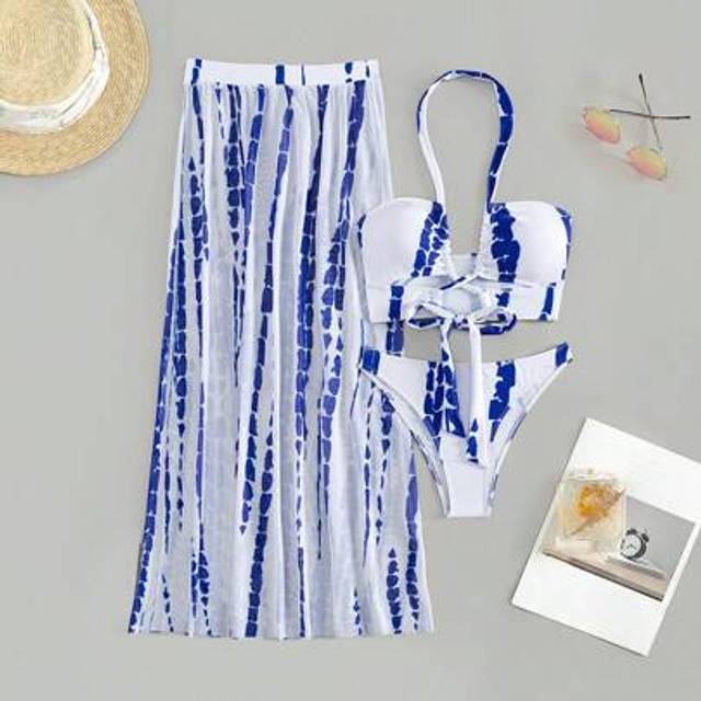 SHEIN Tie Dye Halter Bikini Set For Summer With Beach Skirt Beach Long Dress
