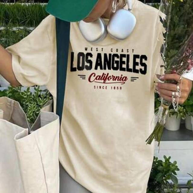 SHEIN Women&#39;s Summer New Simple Los Angeles Slogan Print Casual Vacation Style Loose Versatile Round Neck Short-Sleeved T-Shirt Fashionable Daily Tops Suita