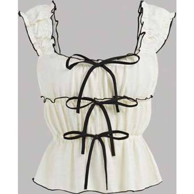 SHEIN Tween Girl Apricot & White & Black Contrast Bowknot Waisted Camisole Top, Suitable For Outings, Gatherings, Back-To-School, Cute Holiday Family Outdoo