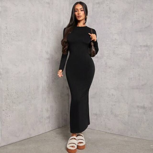 SHEIN Solid Color Pleated Waist Black Long Sleeve Dress