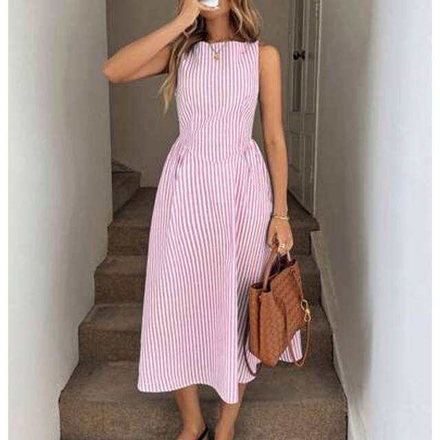 Luneh Crew Neck Sleeveless Cinched Waist Ruched A-Line Midi Dress, Navy & White Striped Sourced Cotton Casual Vacation Elegant Dress For Women Summer Dresse
