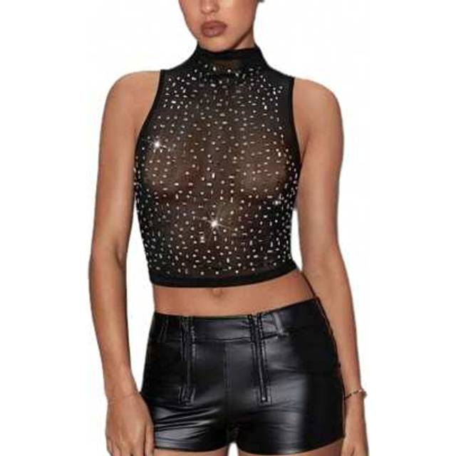 SHEIN Women&#39;s Mock Neck Sleeveless Sequin Party Sparkly Crop Tank Tops Clubwear