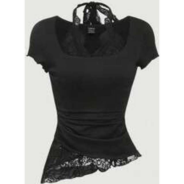 SHEIN Women&#39;s Knit Patchwork Lace Asymmetrical Hem Cinched Waist T-Shirt, V-Neck With Lace Trim And Tie Neck Detail