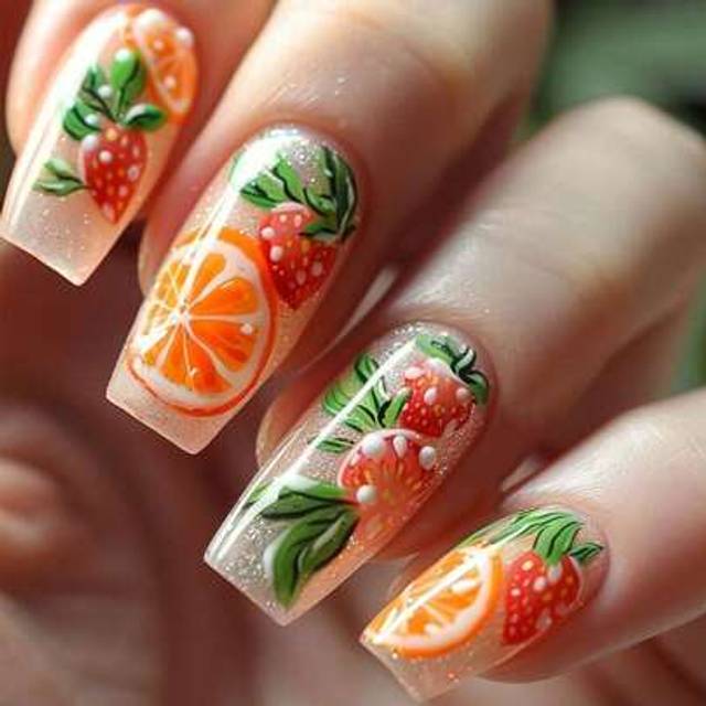 SHEIN 24PCS Summer Red Strawberry Lemon Fruit Pattern Square Nails Press On And 1 Nail File Strip+1 Double-Sided Tape