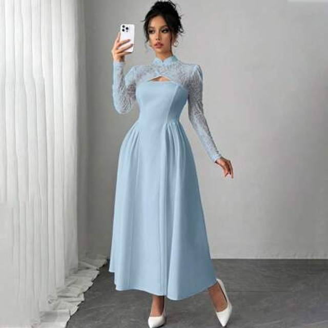 Firerie Elegant & Refined Romantic Commuting Everyday New Year Chinese Collar Lace Splice Puff Sleeve Side Pleated A-Line Midi White Dress For Women