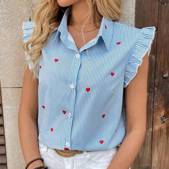 Breezaya Women&#39;s Spring/Summer Elegant Cap Sleeve Heart Print Blue & White Striped Fabric Cap Sleeve Blouse