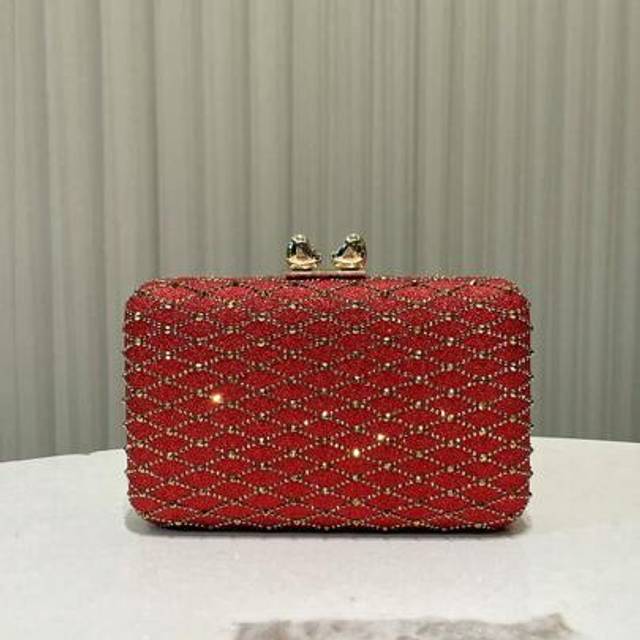 SHEIN 1pc Red Glittering Rhinestone Embellished Metallic Clutch Handbag With Chain Strap, Elegant & Sophisticated Style Suitable For Evening Party, Formal O