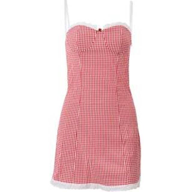 SHEIN Women&#39;s Summer Mini Cami Dress Plaid Print Lace Trim Spaghetti Strap Backless Slim Dress