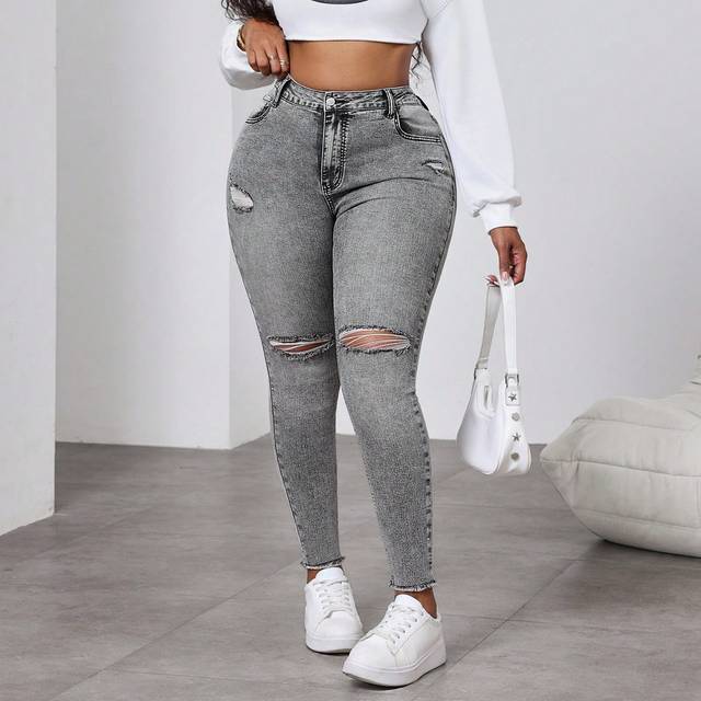Slaydiva Plus Size Distressed Black Skinny Stretch Denim Jeans