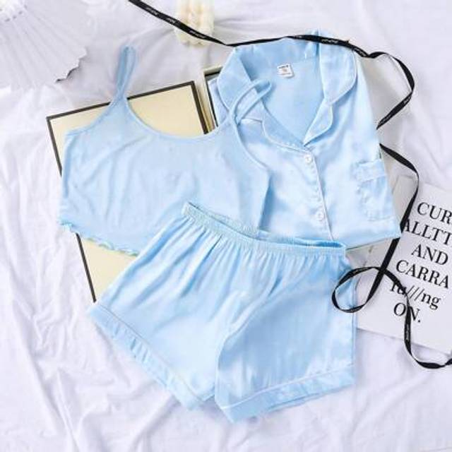 SHEIN 3 Piece Set Casual Shrug Cardigan Short Sleeve Top + Camisole + Shorts Loungewear For Teen Girls, Spring & Summer