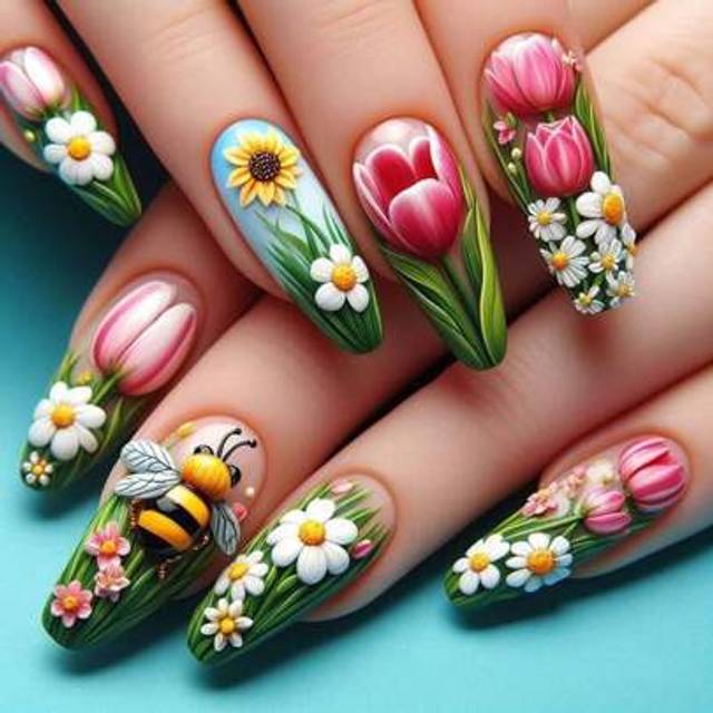 SHEIN 24PCS Summer Flowers Green Plants Bees Pattern Women And Girls Press On Nails And 1 Nail File Strip+1 Double-Sided Tape